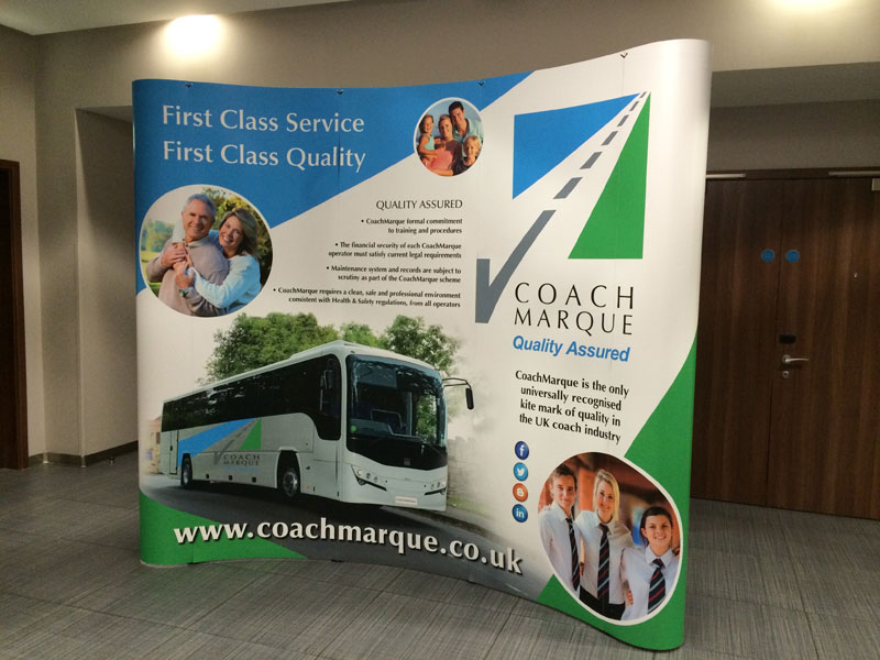 A curved display stand ideal for exhibitions, folds up easily to be transported in your car, created in Retford